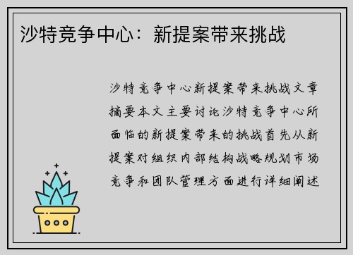 沙特竞争中心：新提案带来挑战